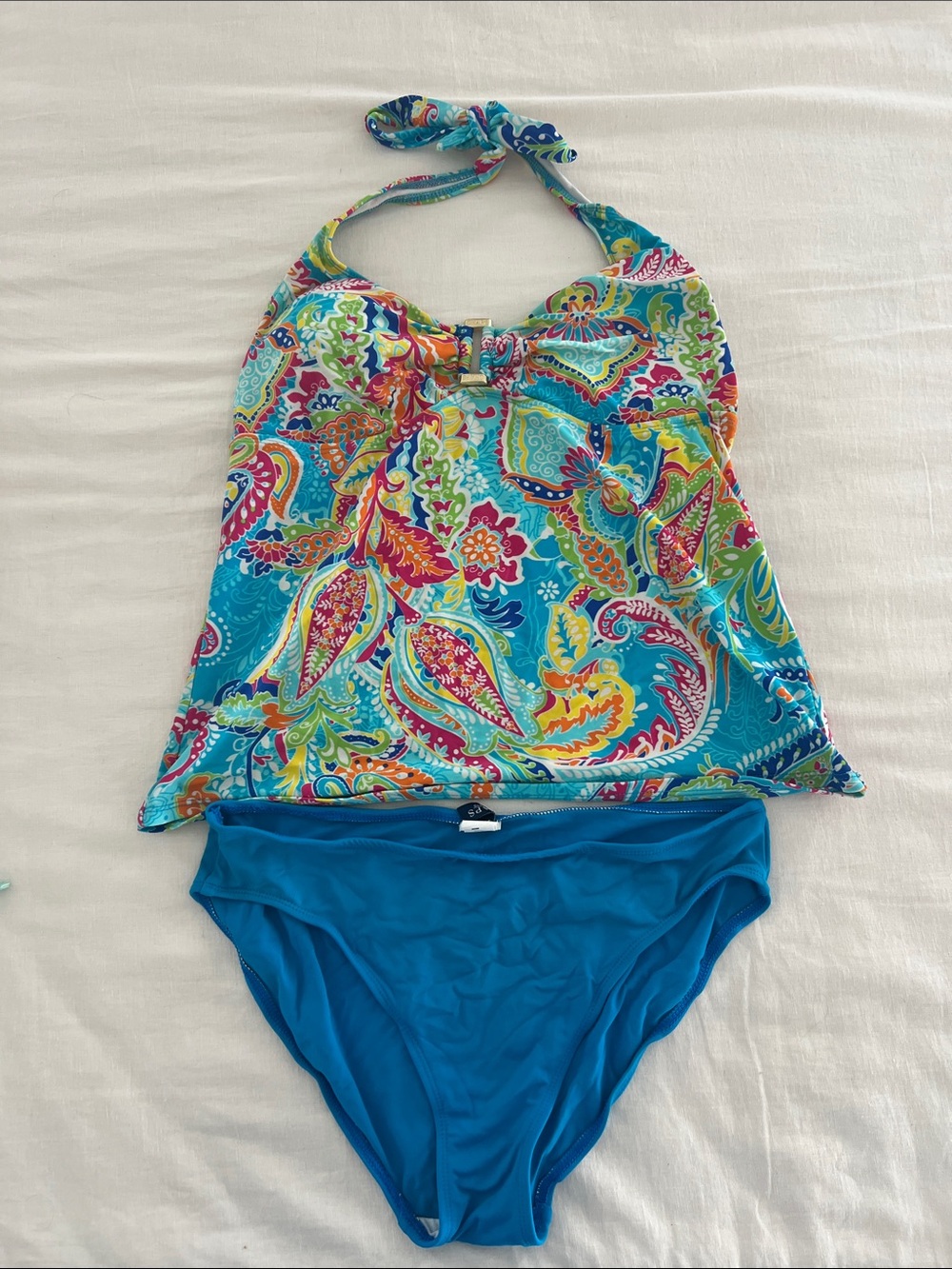 Chaps Turquoise Paisley Tankini with Solid Blue Bottoms - Women’s 12